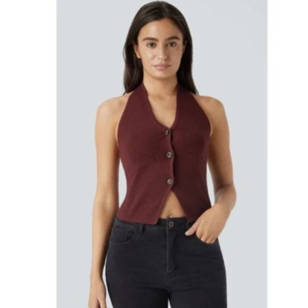 Halara Vest Burgundy Sweater Knit Button Up Halter Neck Top Size Large 12-14 - Picture 2 of 11